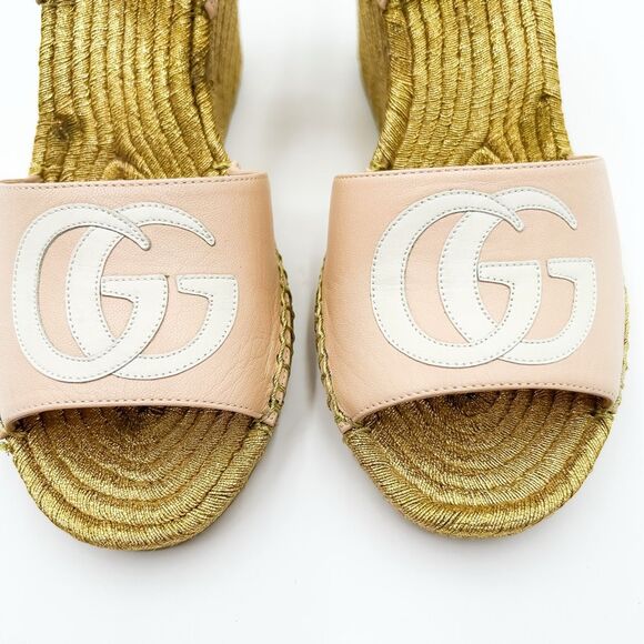 Gucci GG Pink Espadrille Gold Wedge Sandals New Size 38, 8 - Picture 3 of 14